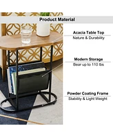 Simplie Fun Acacia Oval Small Side Tables Living Room Small Space With Magazines Organizer Storage Space