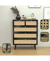 Simplie Fun Modern Rattan 4-Drawer Dresser with Metal Handles