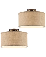 360 Lighting Adams Rustic Farmhouse Country Cottage Close To Ceiling Light Semi Flush Mount Fixtures Set of 2 Bronze Burlap Fabric Drum Shade Bedroom