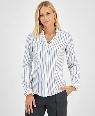 Anne Klein Women's Striped Ruffle-Trim Button-Front Cotton Shirt