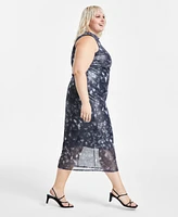 Bar Iii Trendy Plus Size Printed Mesh Bodycon Dress, Created for Macy's