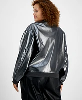 Bar Iii Trendy Plus Foil Faux-Leather Bomber Jacket, Created for Macy's