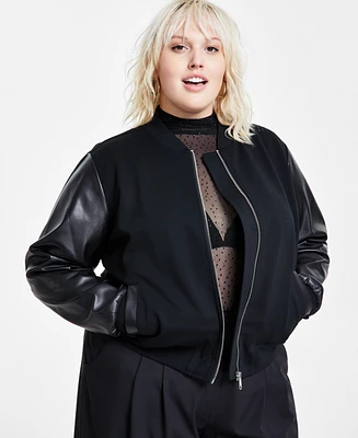 Bar Iii Trendy Plus Size Mixed-Media Bomber Jacket, Created for Macy's