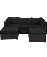 Gymax 5PCS Rattan Patio Conversation Set Outdoor Furniture Set w/ Black Cushions