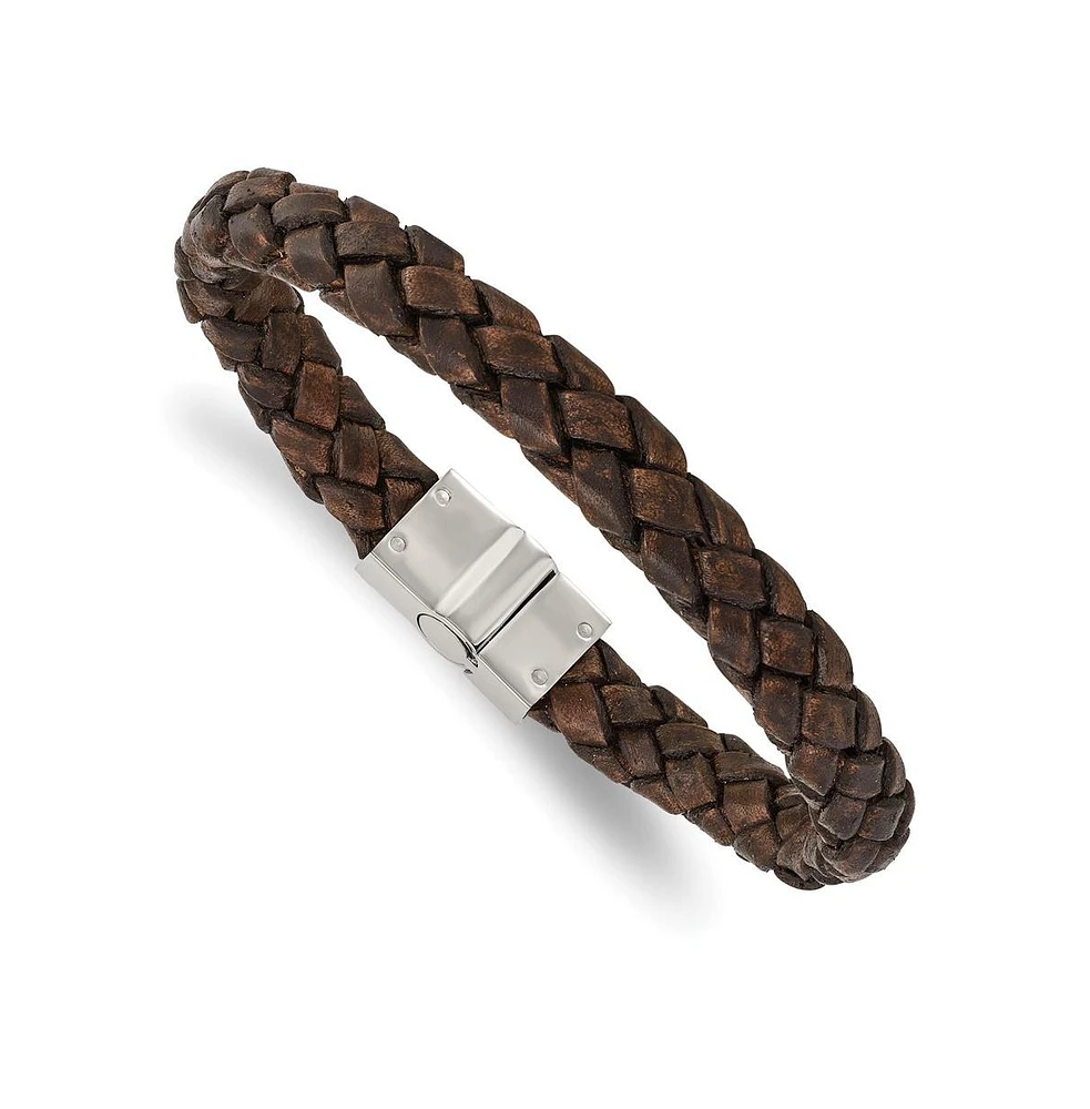 Chisel Stainless Steel Polished Woven Leather Bracelet