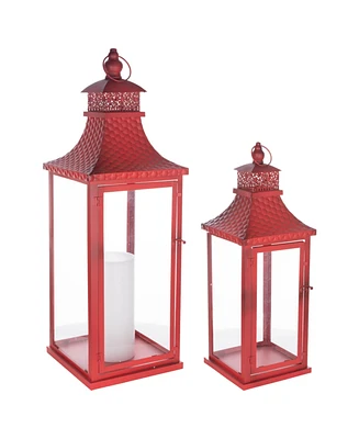 Slickblue Traditional Lantern With Hammered Metal Lid (Set of 2)