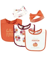 Hudson Baby Infant Girl Cotton Bib and Headband or Caps Set, Pink Cutest Pumpkin, One Size