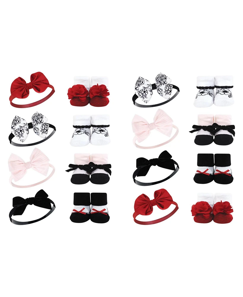 Hudson Baby Infant Girl 16Pc Headband and Socks Giftset, Black Toile, One Size