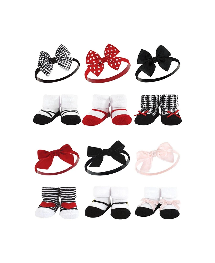 Hudson Baby Infant Girl 12Pc Headband and Socks Giftset, Red Houndstooth Red Pink, One Size