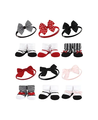 Hudson Baby Infant Girl 12Pc Headband and Socks Giftset, Red Houndstooth Red Pink, One Size