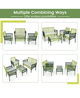 Gymax 8PCS Round Wicker Conversation Set W/ Cushions Tempered Glass Side Table Patio