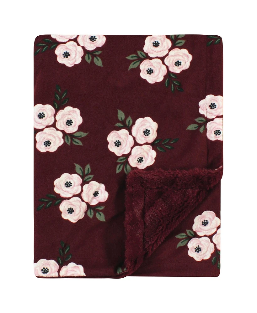 Hudson Baby Infant Girl Plush Blanket with Furry Binding and Back, Burgundy Floral, One Size