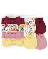 Hudson Baby Baby Girls Cotton Headband and Scratch Mitten Set, Fall Botanical, 0-6 Months