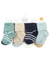 Hudson Baby Boys Cozy Chenille Newborn and Terry Socks, Navy Mint Stripe, 0-6 Months