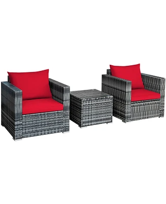 Gymax 3PCS Rattan Patio Conversation Furniture Set Outdoor Yard w/ Cushion