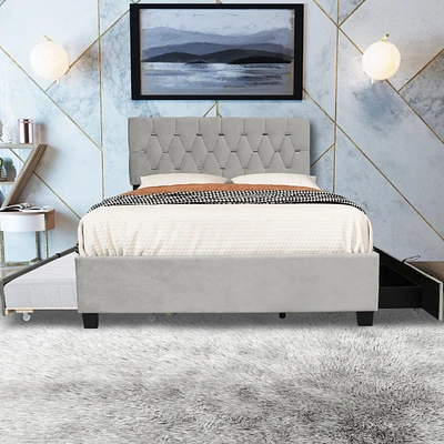 Streamdale Furniture Gray Queen Size Trundle Pull Out Drawers Storage Upholstered Bed Modern Design No Box Spring Required
