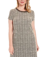 London Times Women's Embellished-Neck Short-Sleeve Dress