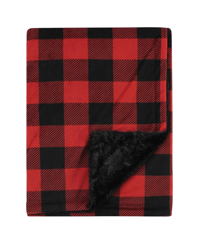 Hudson Baby Plush Blanket with Furry Binding and Back, Buffalo Plaid, One Size