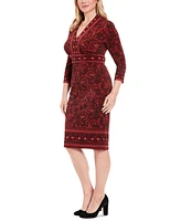 London Times Women's Placed Print 3/4-Sleeve Jersey Sheath Dress