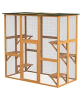 PawHut Outdoor Cat House, Wooden Feral Cat Shelter Enclosure, 71" L, Orange