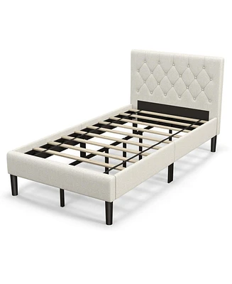 Twin Size Upholstered Platform Bed with Button Tufted Headboard-Beige