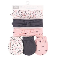 Hudson Baby Girls Cotton Headband and Scratch Mitten 6pc Set, Pink Gray Floral, 0-6 Months