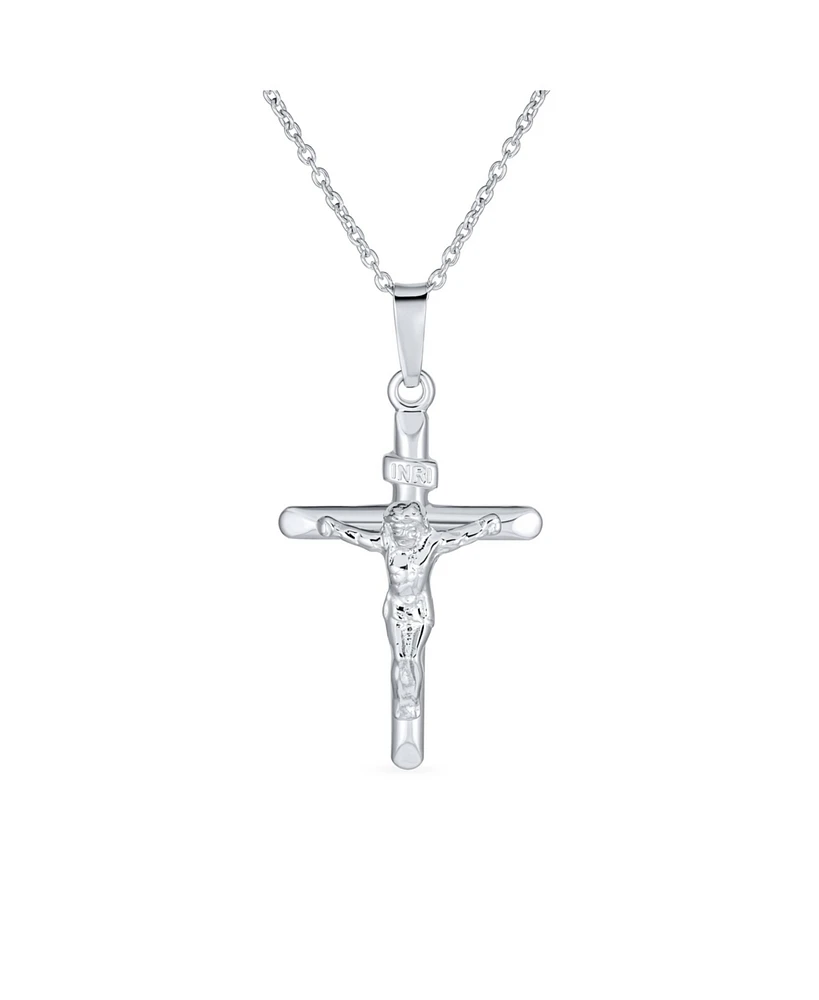 Bling Jewelry Simple Christian Catholic Religious Jewelry Medium Inri Jesus Crucifix Cross Necklace Pendant For Women Sterling Silver 18" Chain