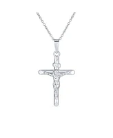 Bling Jewelry Simple Christian Catholic Religious Jewelry Medium Inri Jesus Crucifix Cross Necklace Pendant For Women Sterling Silver 18" Chain