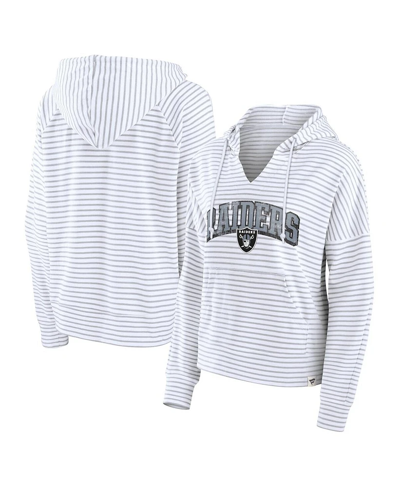 Fanatics Women's White/Gray Las Vegas Raiders Striped Notch Neck Pullover Hoodie