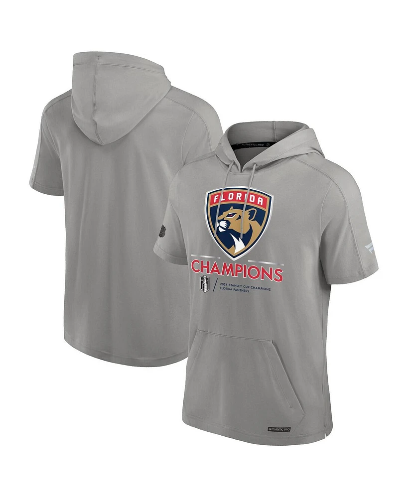 Fanatics Men's Gray Florida Panthers 2024 Stanley Cup Champions Authentic Pro Fleece Short Sleeve Pullover Hoodie