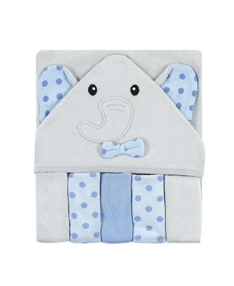 Hudson Baby Unisex Hooded Towel and Five Washcloths, Blue Dots Gray Elephant, One Size