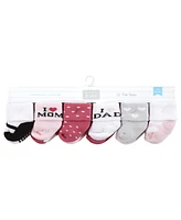 Hudson Baby Baby Girls Grow with Me Cotton Terry Socks, Mom Dad Pink Black, 0-6 and 6-12 Months