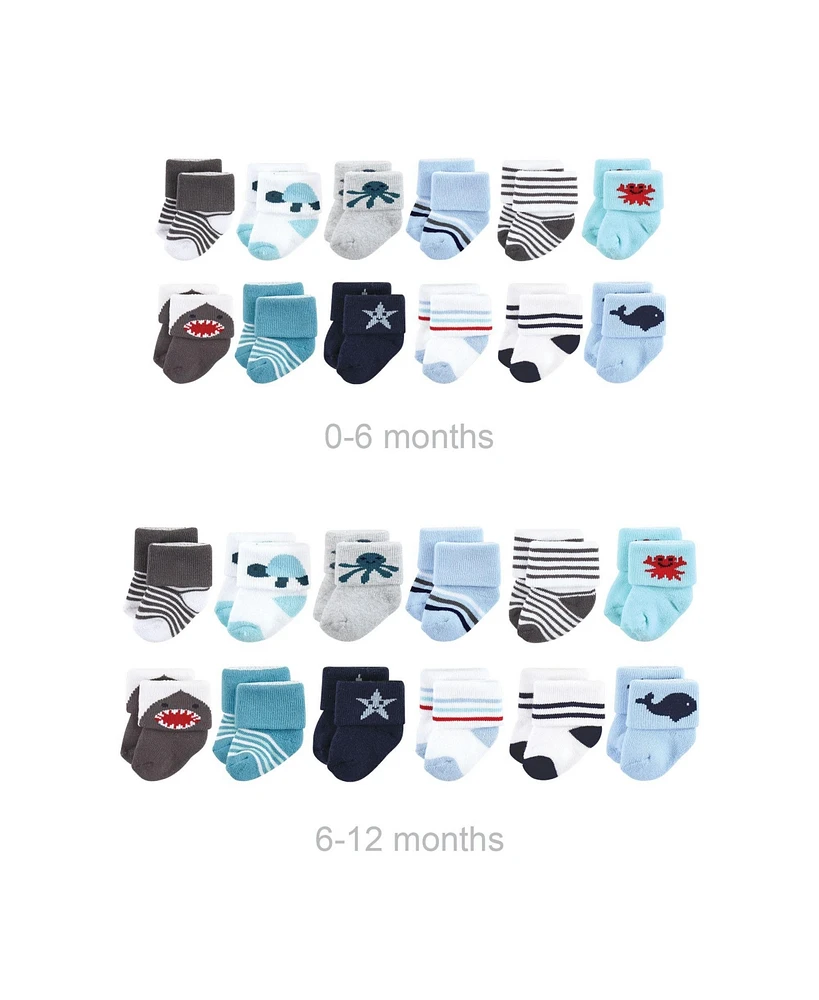 Hudson Baby Baby Boys Grow with Me Cotton Terry Socks, Sea Creatures, 0-6 and 6-12 Months