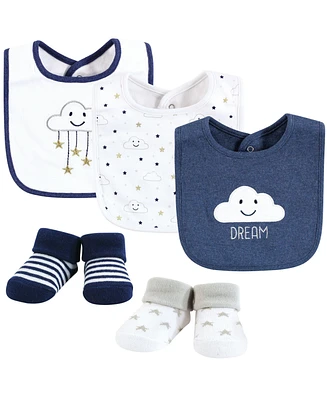 Hudson Baby Infant Boy Cotton Bib and Sock Set, Navy Cloud, One Size