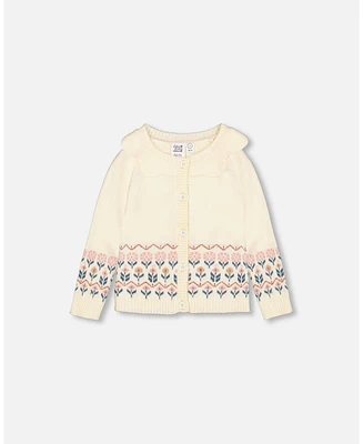 Deux par Toddler Girls Jacquard Knit Cardigan Off White With Flowers - Toddler|Child