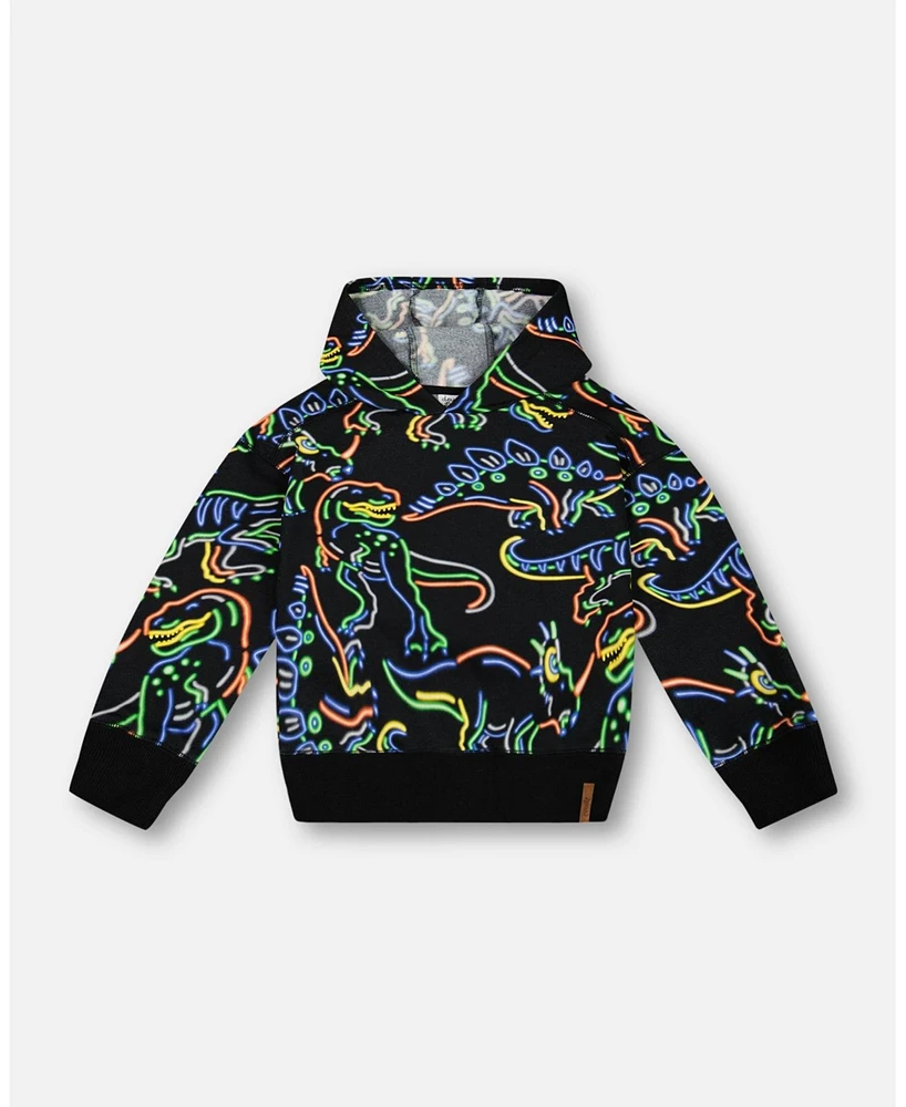 Deux par Toddler Boys Printed Neon Dino Fleece Hooded Sweatshirt Black - Toddler|Child