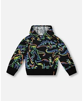 Deux par Toddler Boys Printed Neon Dino Fleece Hooded Sweatshirt Black - Toddler|Child