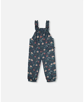 Deux par Toddler Girls Printed Muslin Overall Teal With Flowers - Toddler|Child