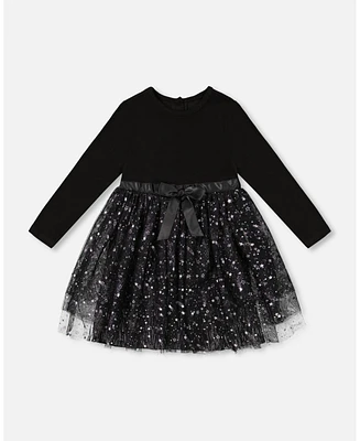 Deux par Big Girls Bi-Material Dress With Glittering Tulle Skirt Black