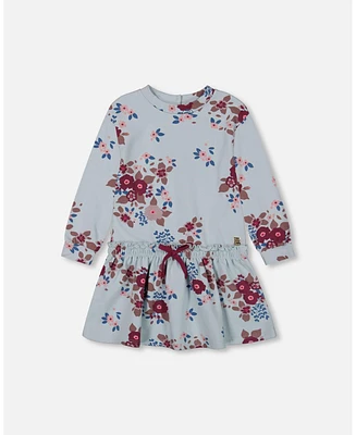 Deux par Little Girls Fleece Dress Light Blue Printed Flowers - Toddler|Child