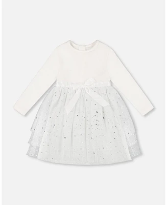 Deux par Toddler Girls Bi-Material Dress With Glittering Tulle Skirt Off White - Toddler|Child