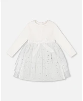 Deux par Toddler Girls Bi-Material Dress With Glittering Tulle Skirt Off White - Toddler|Child