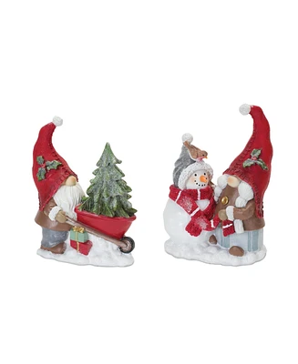 Slickblue Gnome Figurine With Snowman And Pine Tree (Set of 2)