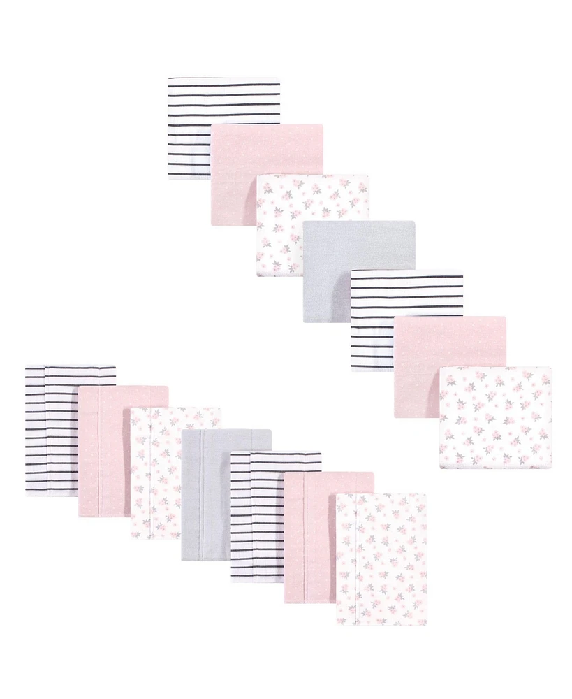 Hudson Baby Infant Girl Cotton Flannel Burp Cloths and Receiving Blankets, 14-Piece Set, Gray Pink Floral, One Size