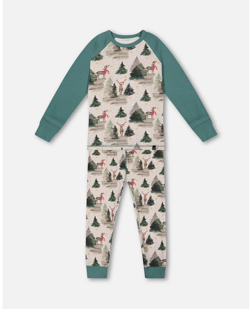 Deux par Little Boys Organic Cotton Two Piece Pajama Set Gray Mix And Green Printed Reindeer - Toddler|Child