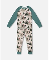 Deux par Little Boys Organic Cotton Two Piece Pajama Set Gray Mix And Green Printed Reindeer - Toddler|Child