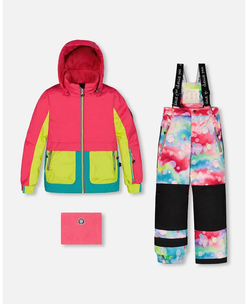 Deux par Big Girls Two Piece Snowsuit Colorblock Fuchsia, Lime And Turquoise With Printed Bubbles