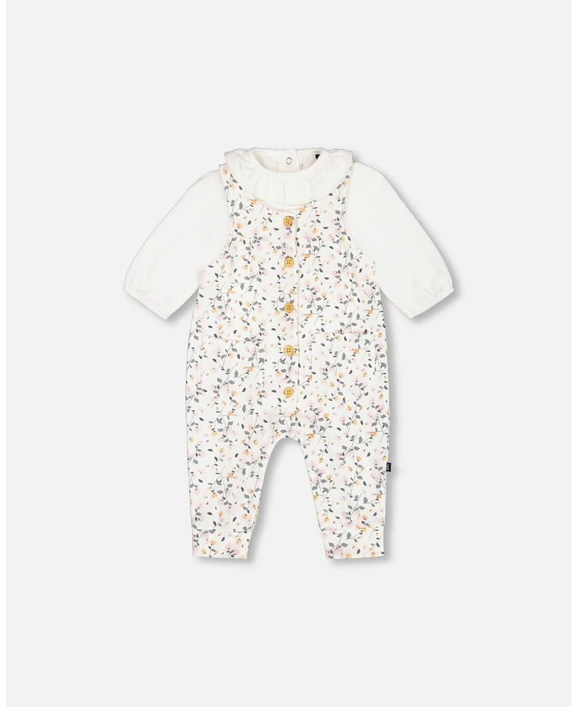 Deux par Baby Girls Organic Cotton Onesie And Printed Overall Set Cream With Flowers