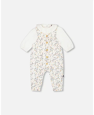 Deux par Baby Girls Organic Cotton Onesie And Printed Overall Set Cream With Flowers