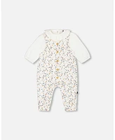 Deux par Baby Girls Organic Cotton Onesie And Printed Overall Set Cream With Flowers